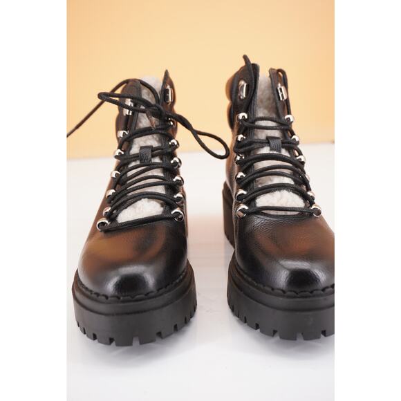 Marc Fisher Nairy Black Leather Shearling ankle boot size 7.5 biker Lugg wool - Picture 4 of 11